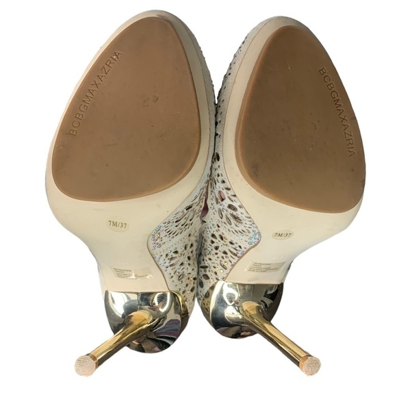 BCBGMAXAZRIA Peacock Powder Iridescent Suede Laser Cut Jeweled Gold Heel Size 7 - Picture 8 of 13
